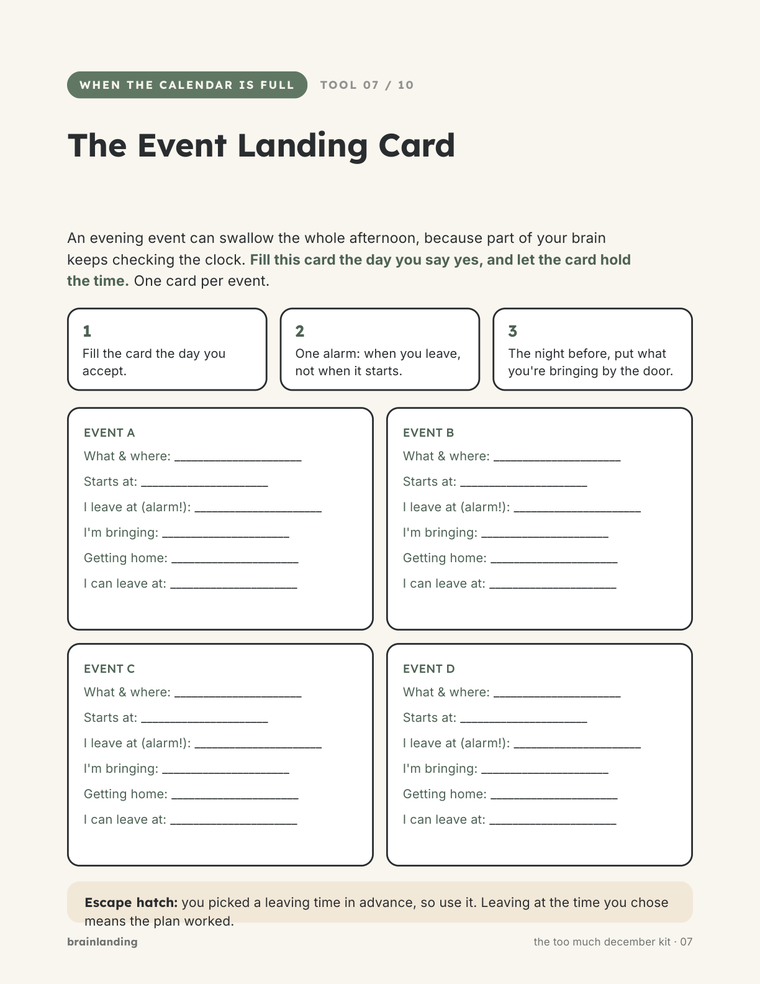 The Event Landing Card, a printable page with four cards for leaving time, what to bring and when you can go home