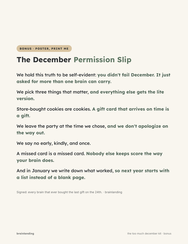 The December Permission Slip, a printable bonus poster included with the kit
